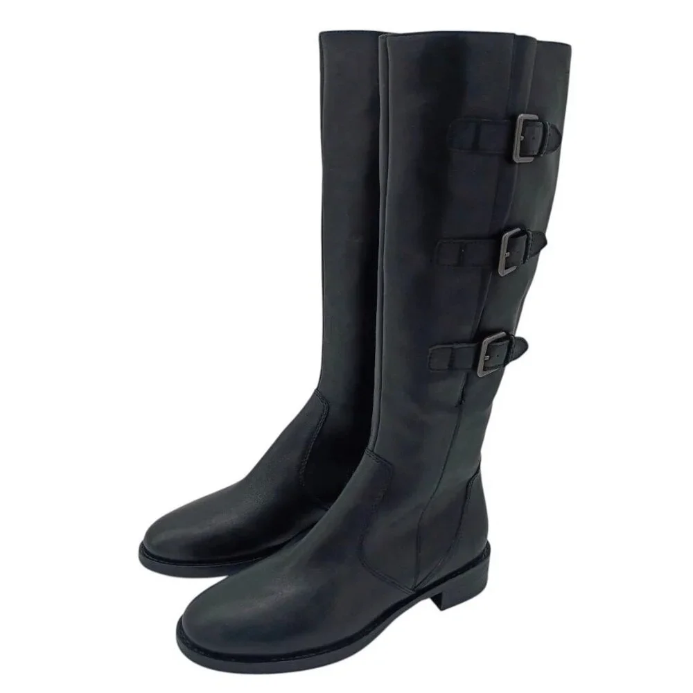 Ecco Womens Black 'Hobart' Leather Riding Knee High Boot 3 Buckle EU 37/US 6-6.5